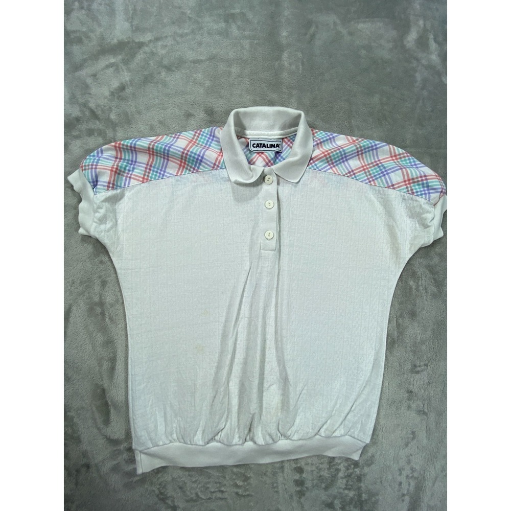 Vintage Catalina Polo Shirt Womens L White Colorful Plaid Shoulder Casual Wear